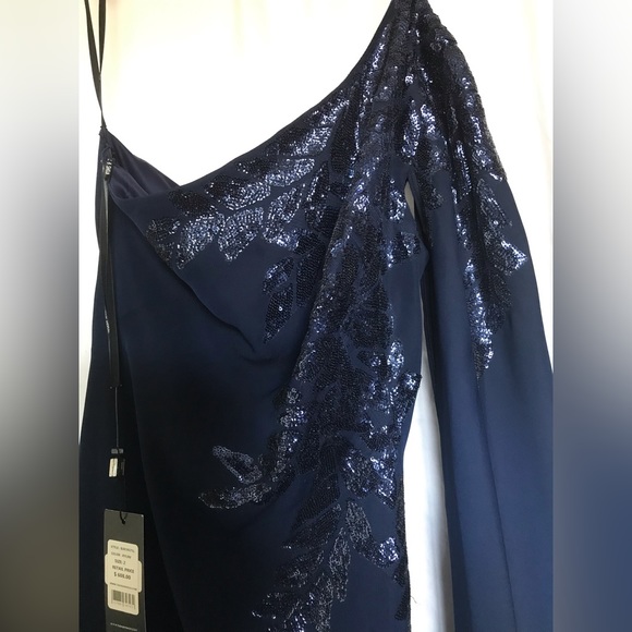 CREPE ONE-SHOULDER GOWN WITH DRAPED-SLEEVE & SEQUIN DETAIL IN LAPIS BLUE - Picture 3 of 3